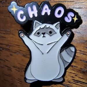 Women’s Jewelry Unique Fun Cute Raccoon Enamel Pin with White 'CHAOS' Text